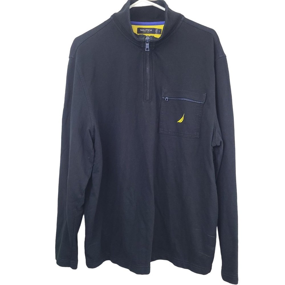 Nautica Mens Polo Shirt Long Sleeve Size L Black Quarter Zip Pullover Cotton